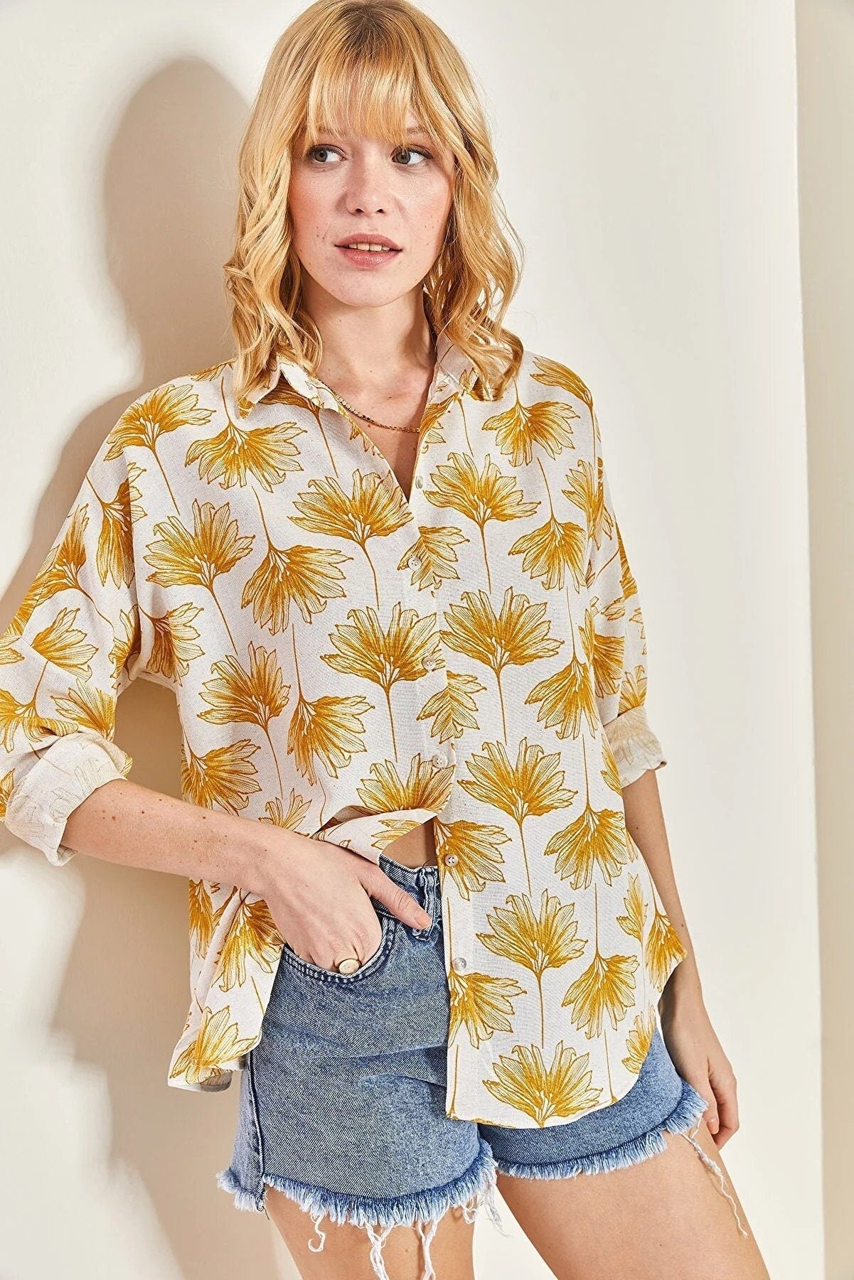 Lola Yellow Gingko Print Linen Blend Blouse