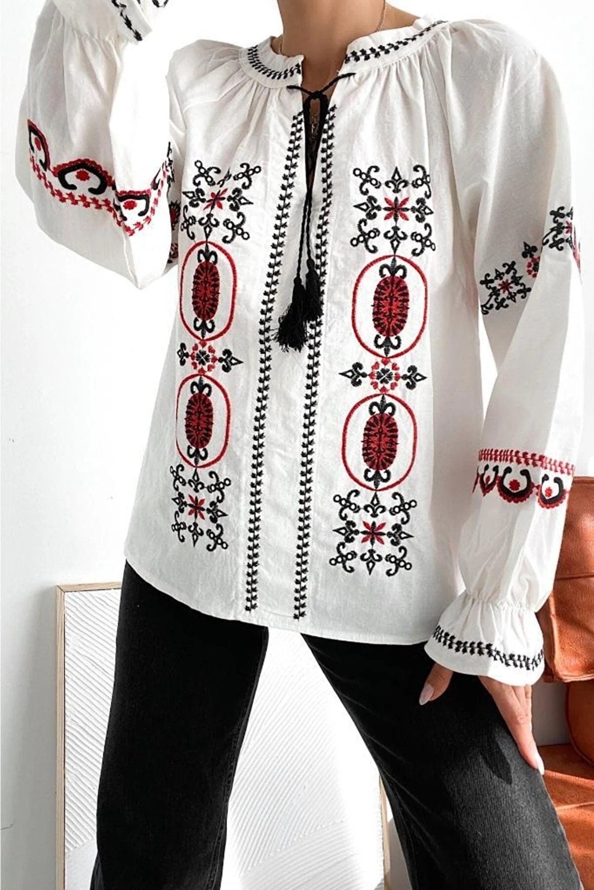 Red Black Embroidered White Ethnic Blouse