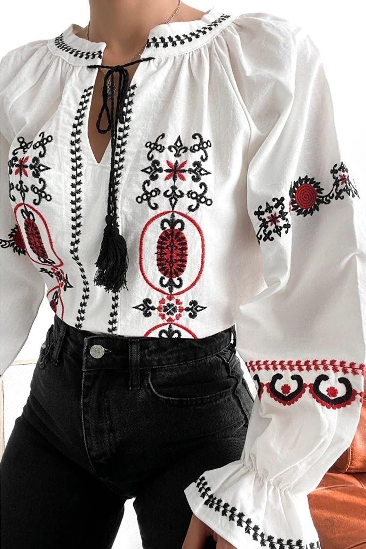 Red Black Embroidered White Ethnic Blouse