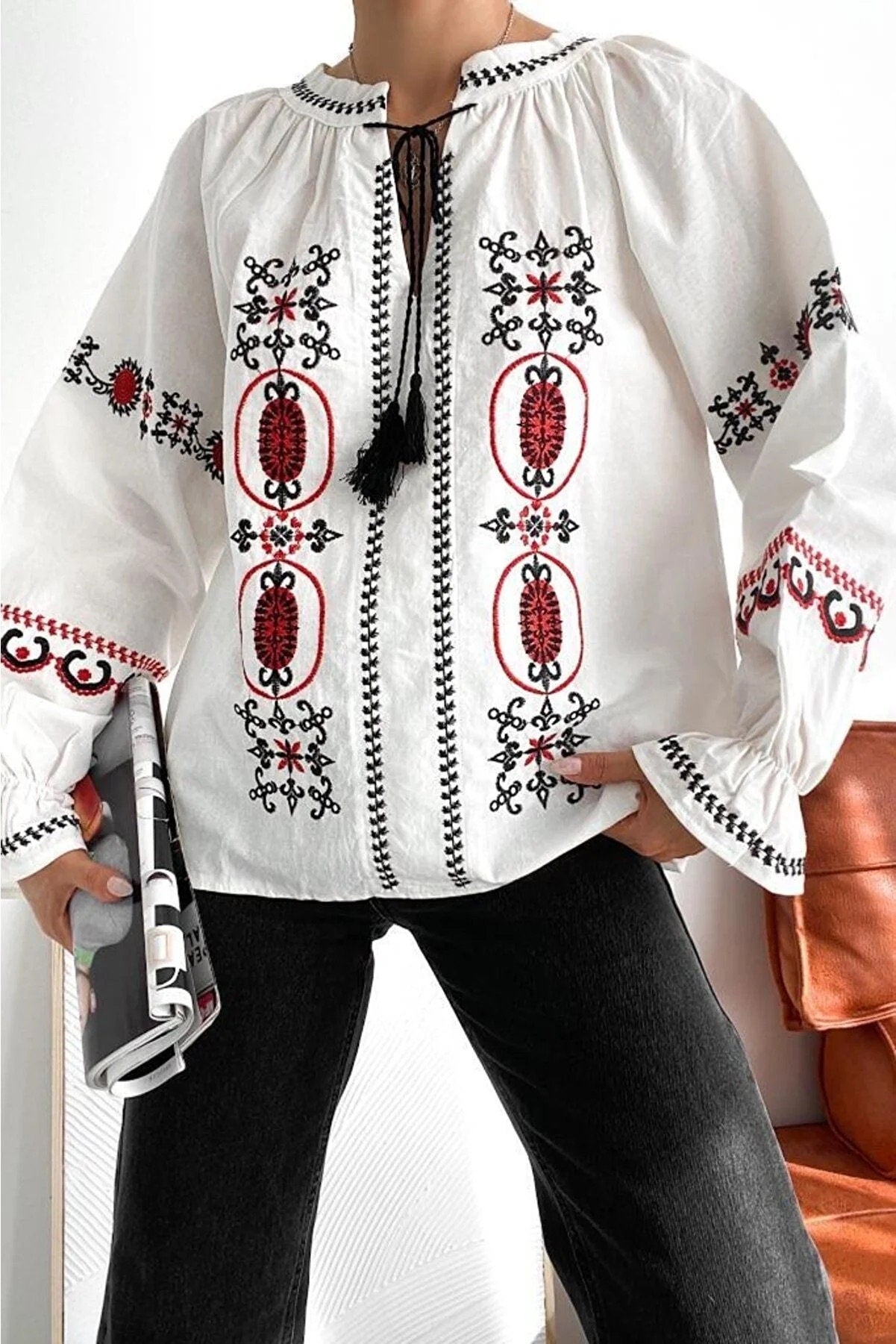Red Black Embroidered White Ethnic Blouse