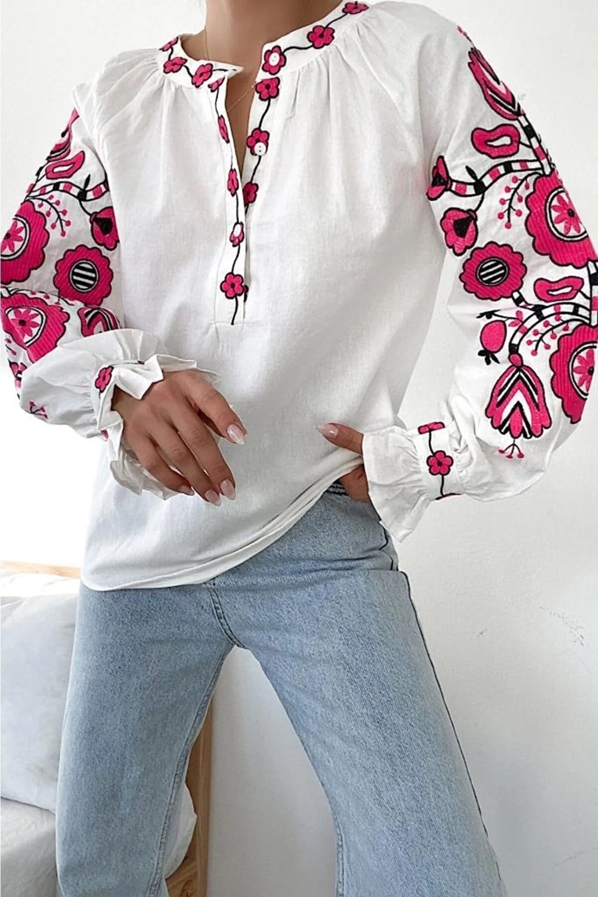 Pink Floral Embroidery Cotton Peasant Blouse