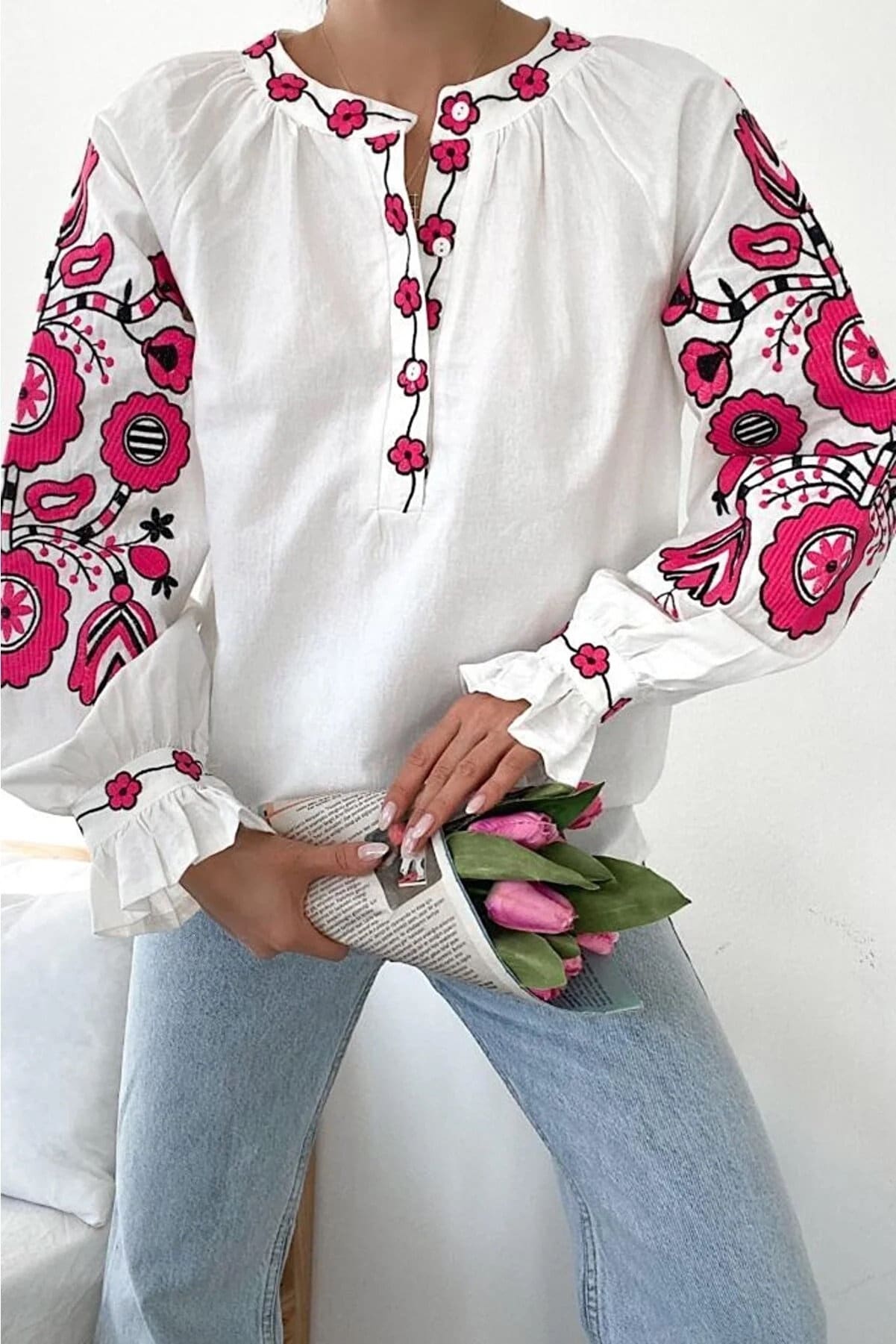 Pink Floral Embroidery Cotton Peasant Blouse