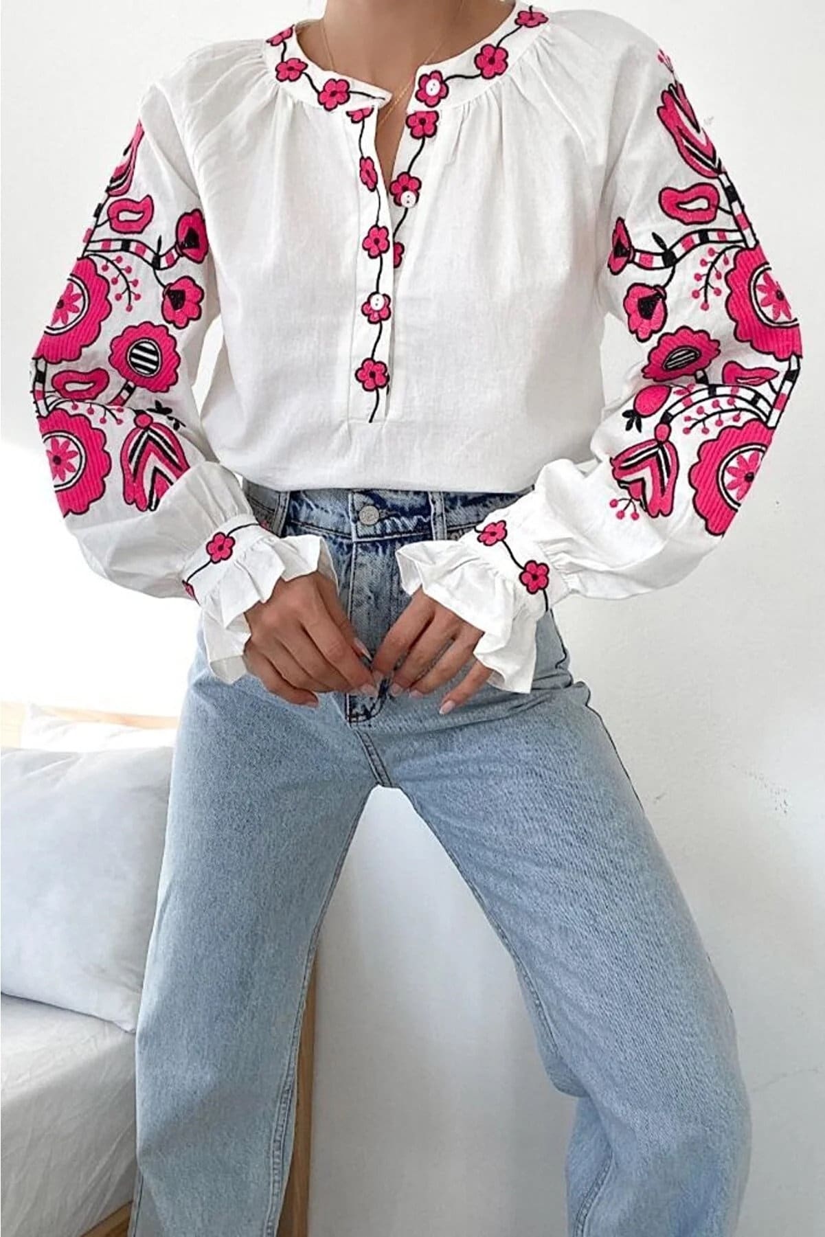 Pink Floral Embroidery Cotton Peasant Blouse