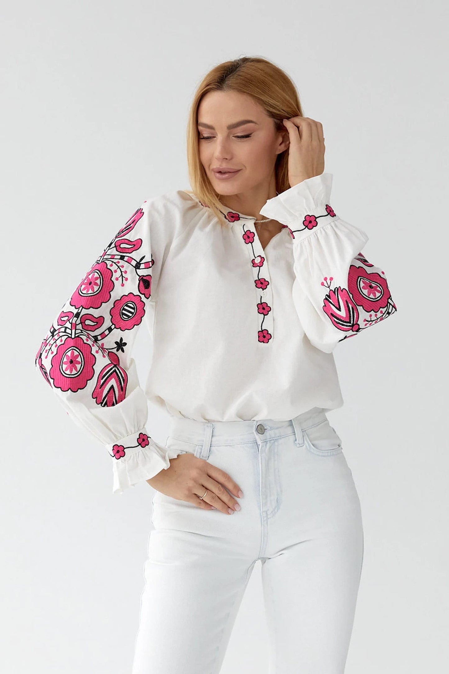 Pink Floral Embroidery Cotton Peasant Blouse