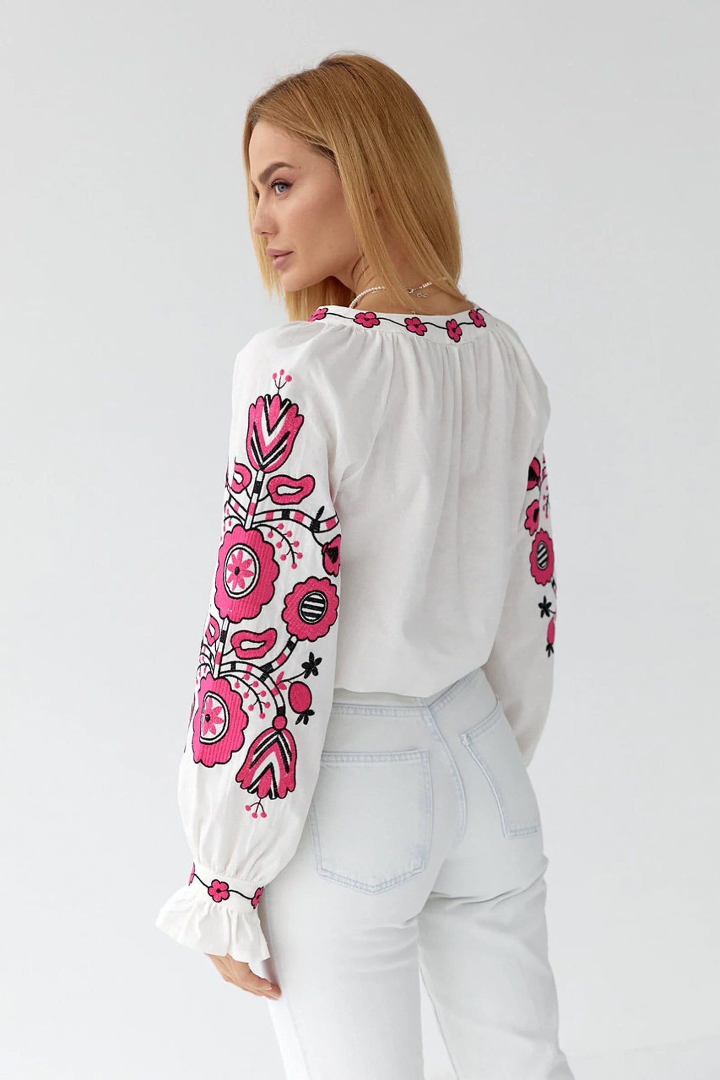 Pink Floral Embroidery Cotton Peasant Blouse