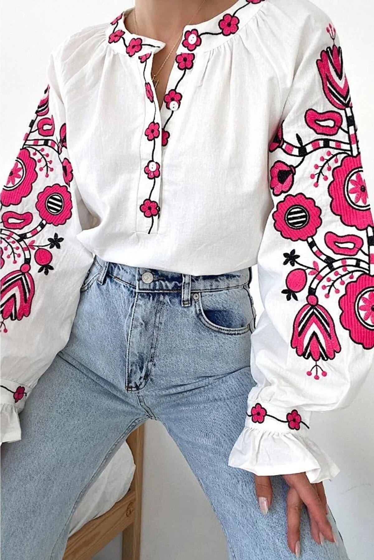 Pink Floral Embroidery Cotton Peasant Blouse