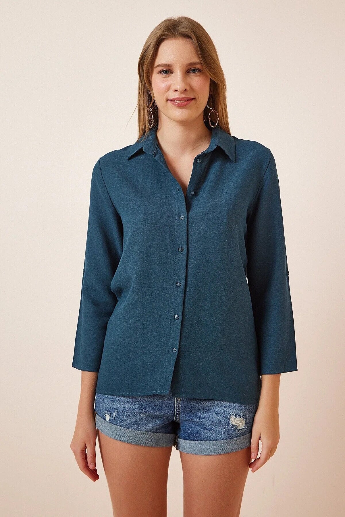 Beige Linen Blend Button Down Shirt