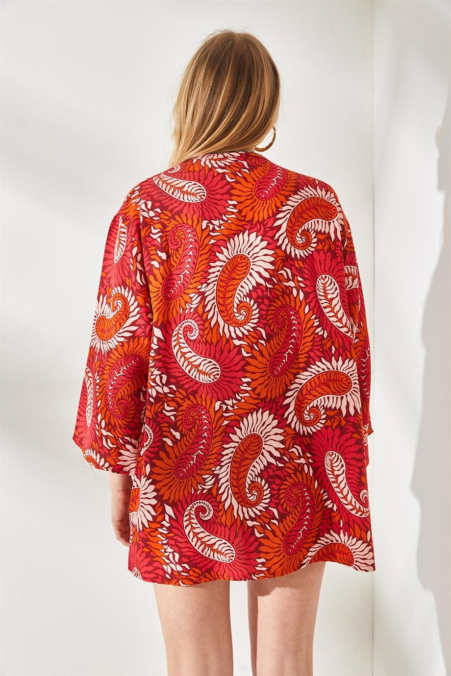 Red Paisley Linen Kimono Cardigan