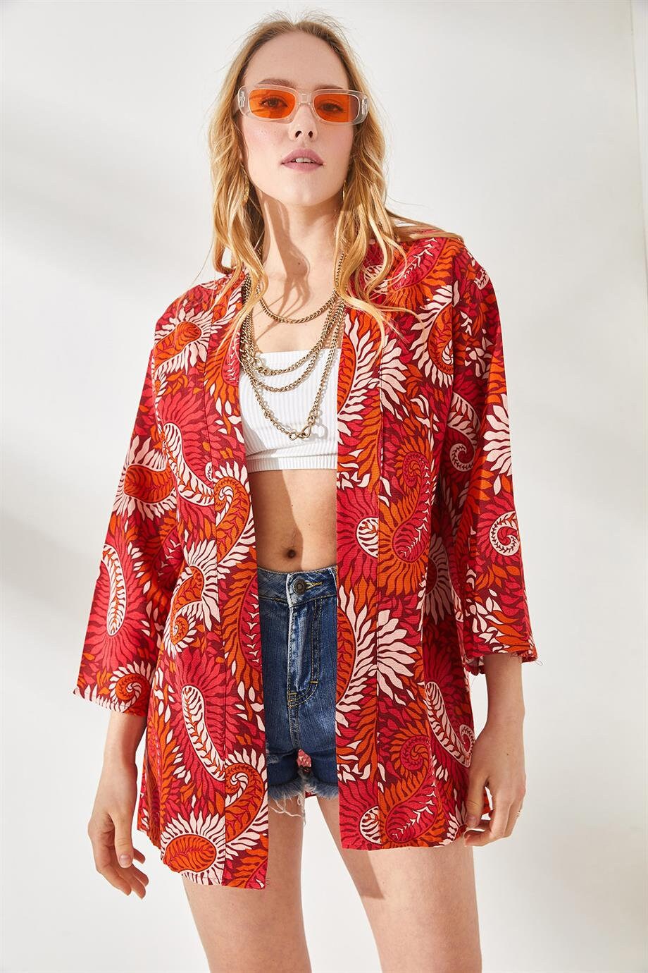 Red Paisley Linen Kimono Cardigan