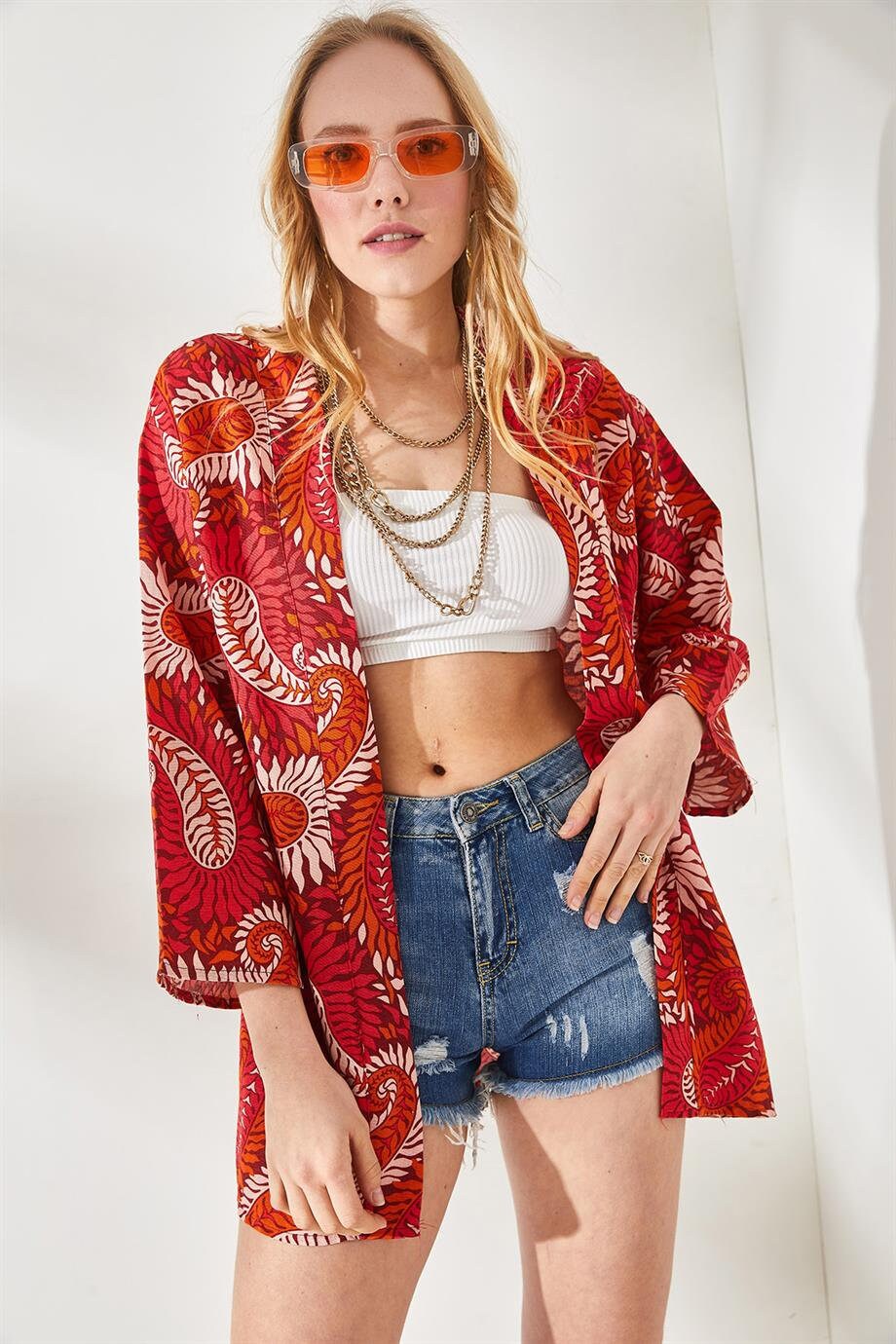 Red Paisley Linen Kimono Cardigan