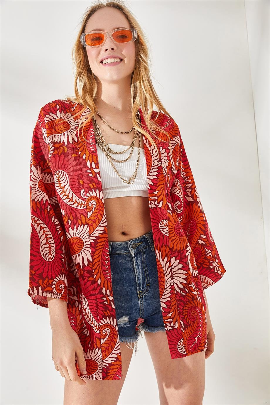 Red Paisley Linen Kimono Cardigan