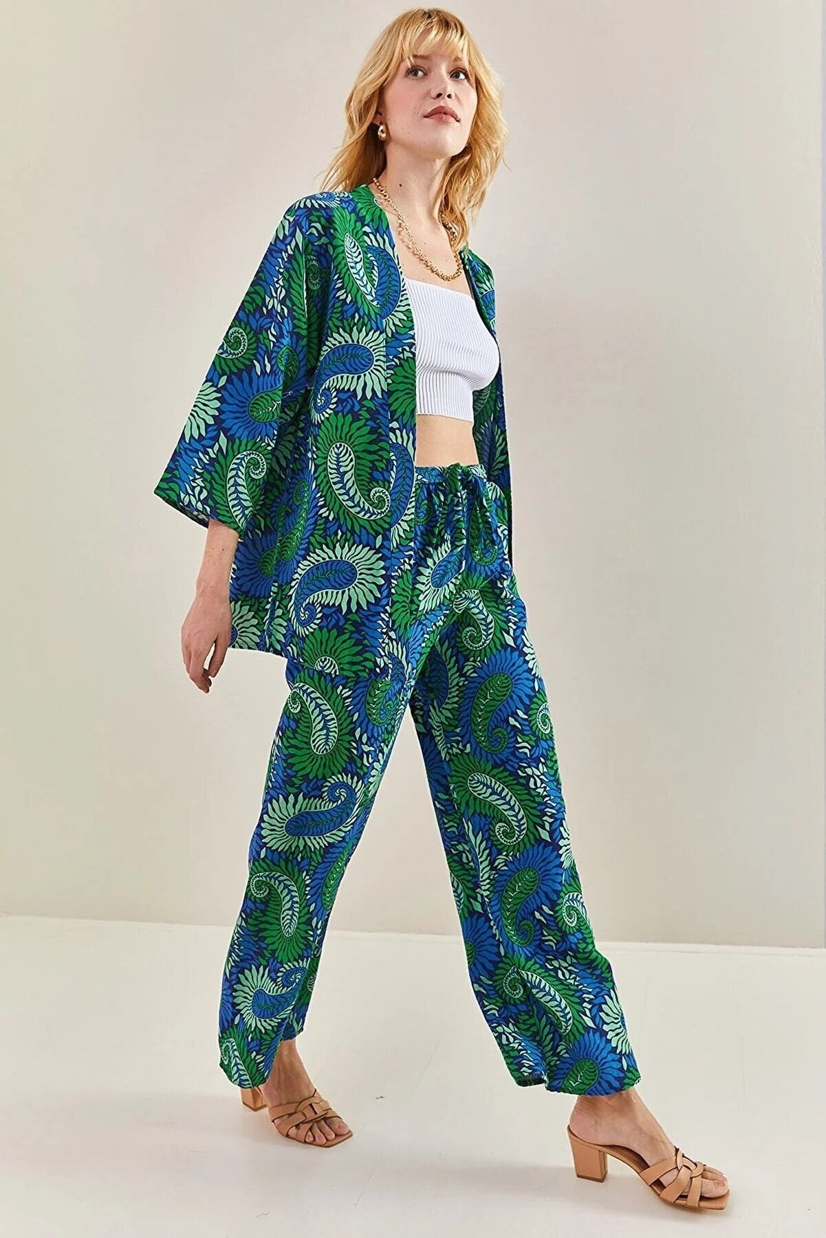 Red Paisley Linen Kimono Cardigan