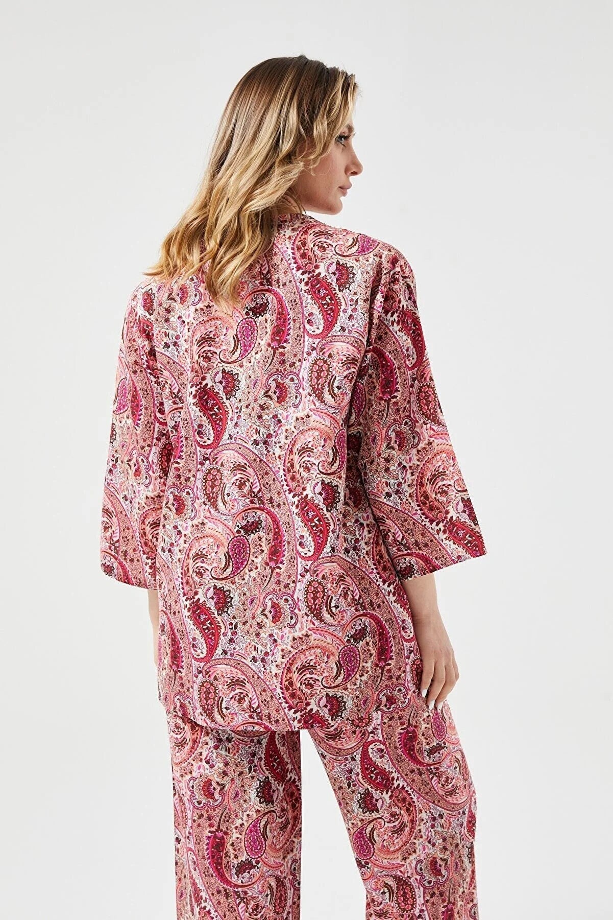 Red Paisley Linen Kimono Cardigan
