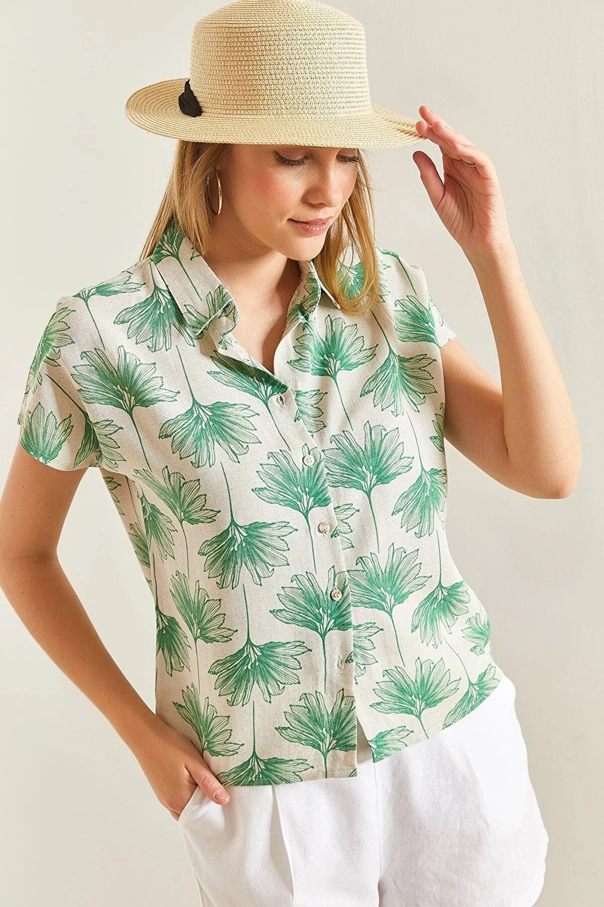 Green Gingko Print Linen Blouse