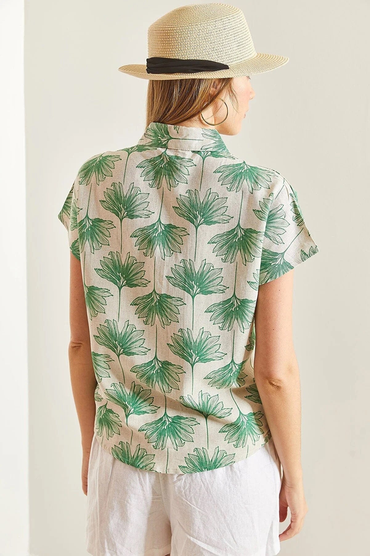Green Gingko Print Linen Blouse