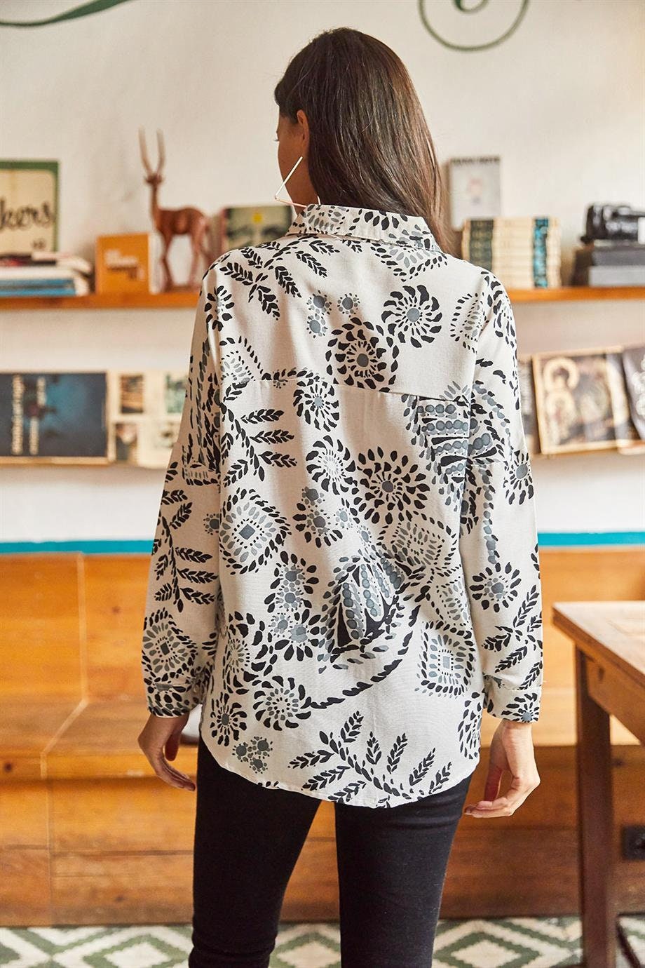 Lola Black Floral Print Linen Blend Button Down Blouse