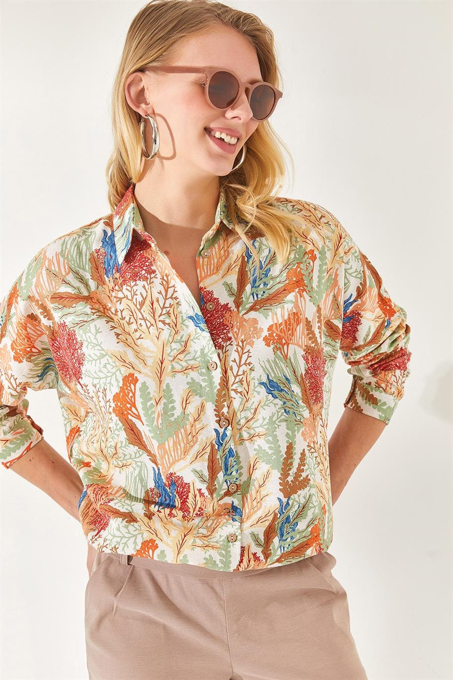 Soft Orange Leaf Print Linen Blouse