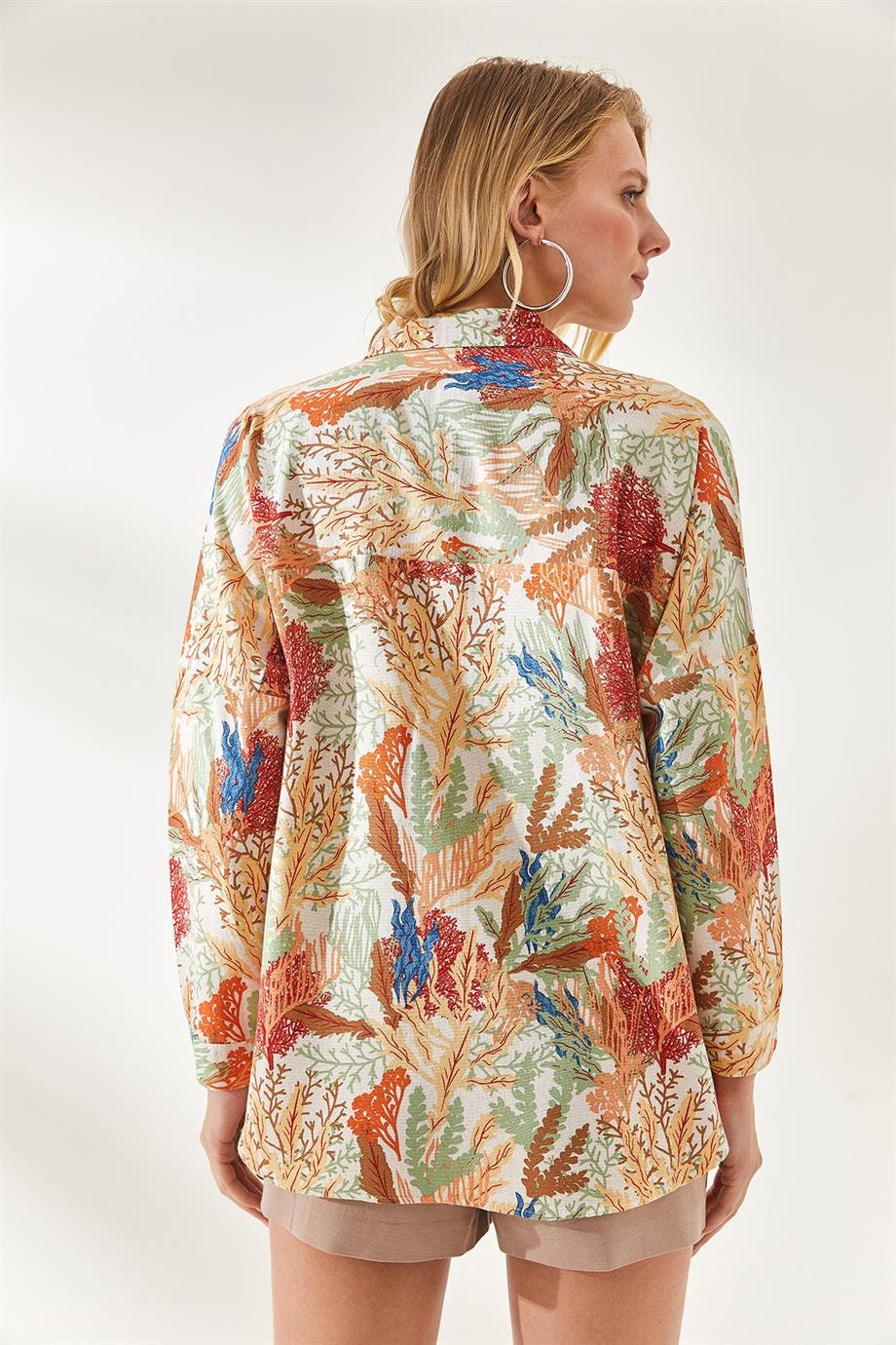 Soft Orange Leaf Print Linen Blouse