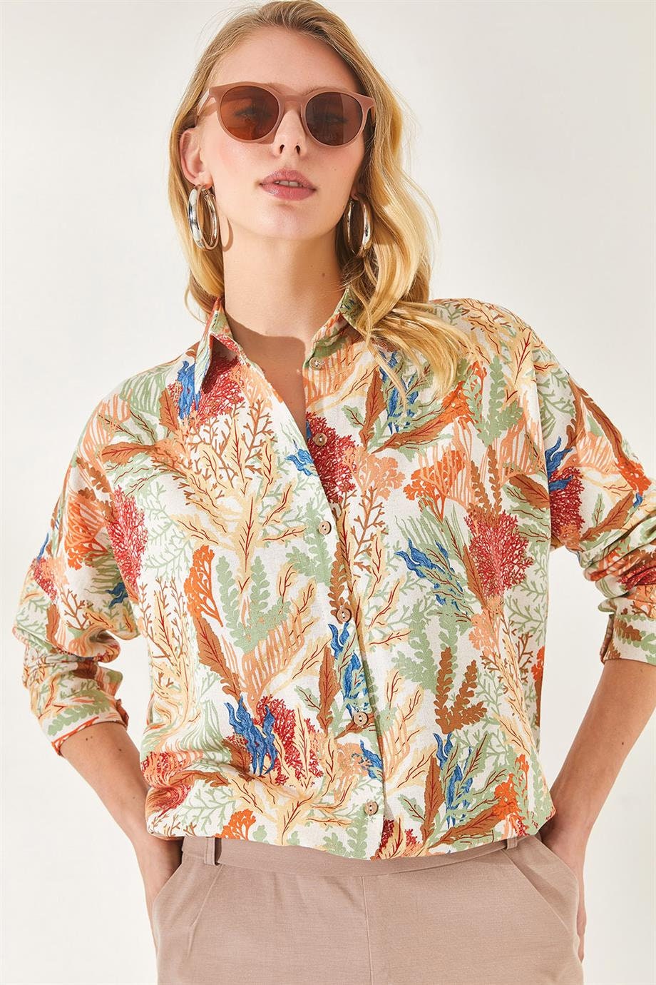 Soft Orange Leaf Print Linen Blouse