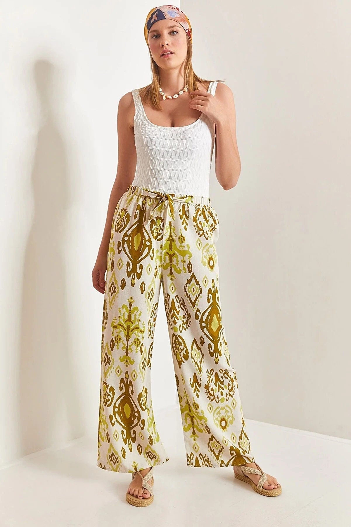 Gold Ethnic Design Wide Leg Linen Pants