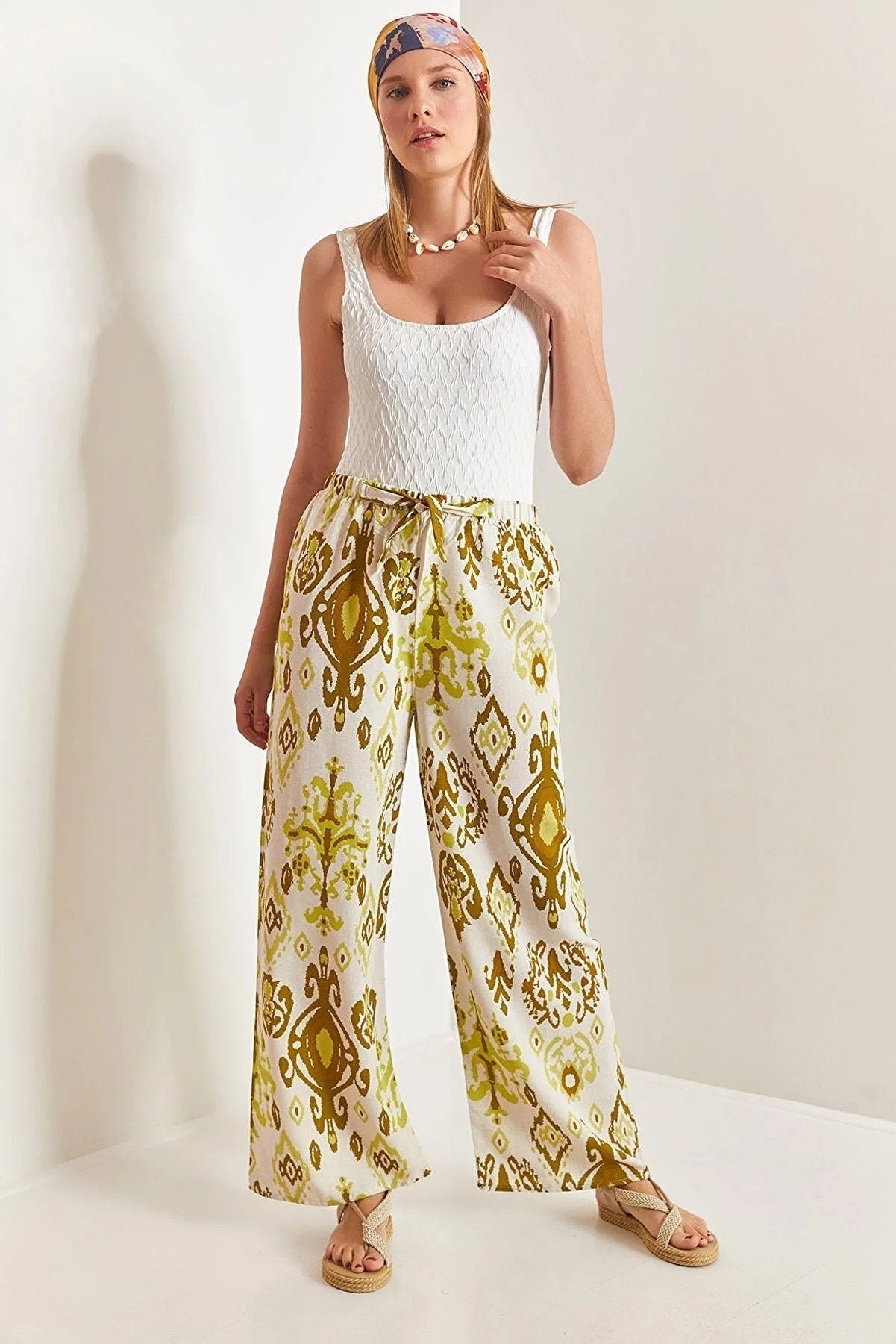 Clara Gold Ethnic Design Wide Leg Linen Pants