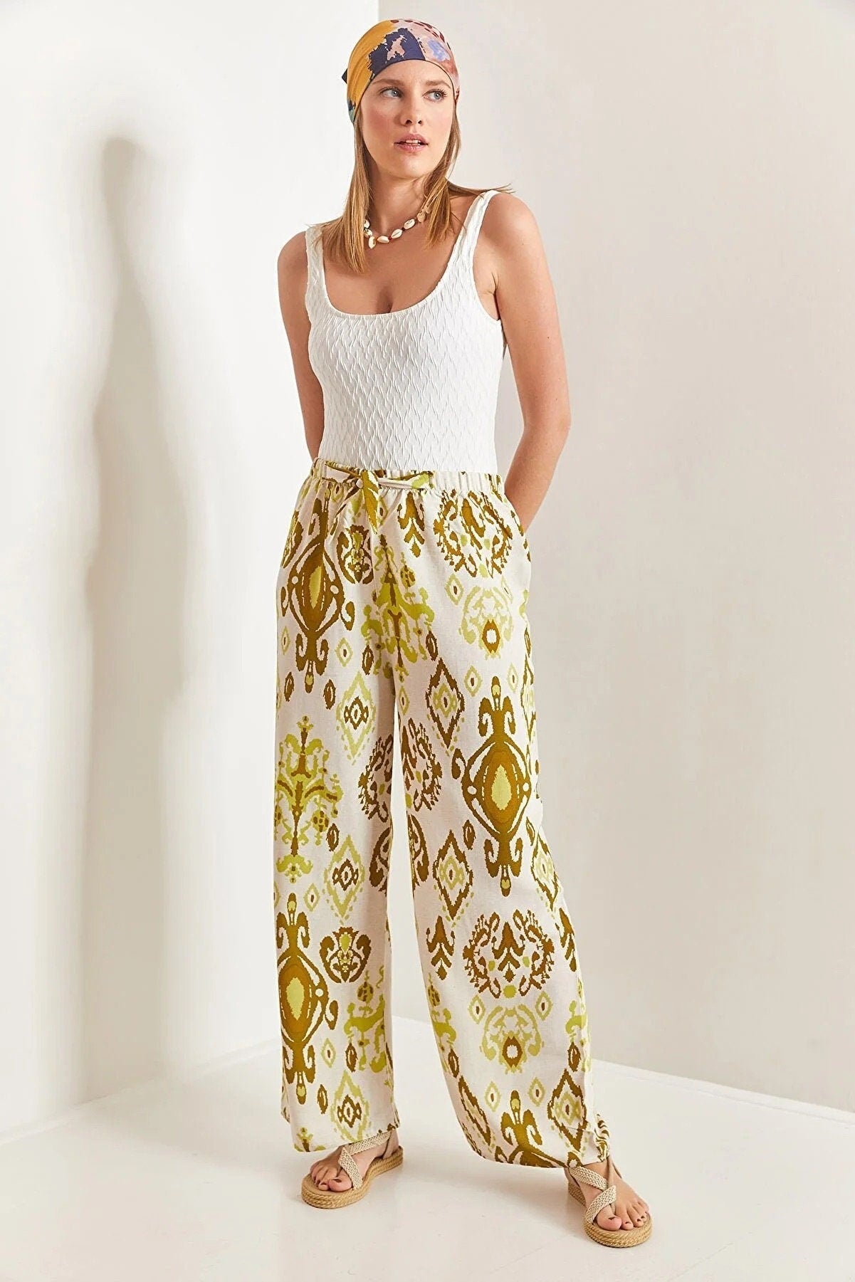 Gold Ethnic Design Wide Leg Linen Pants