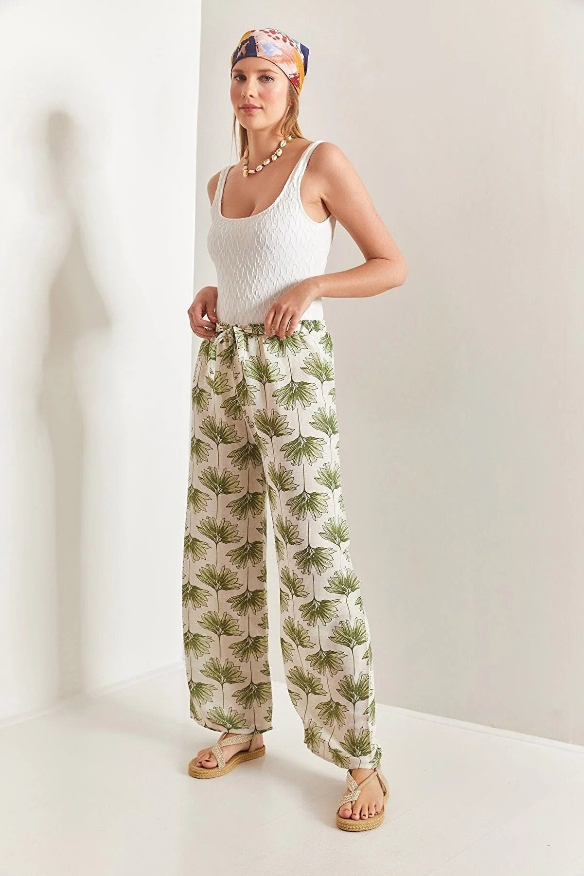 Green Gingko Print Wide Leg Linen Pants