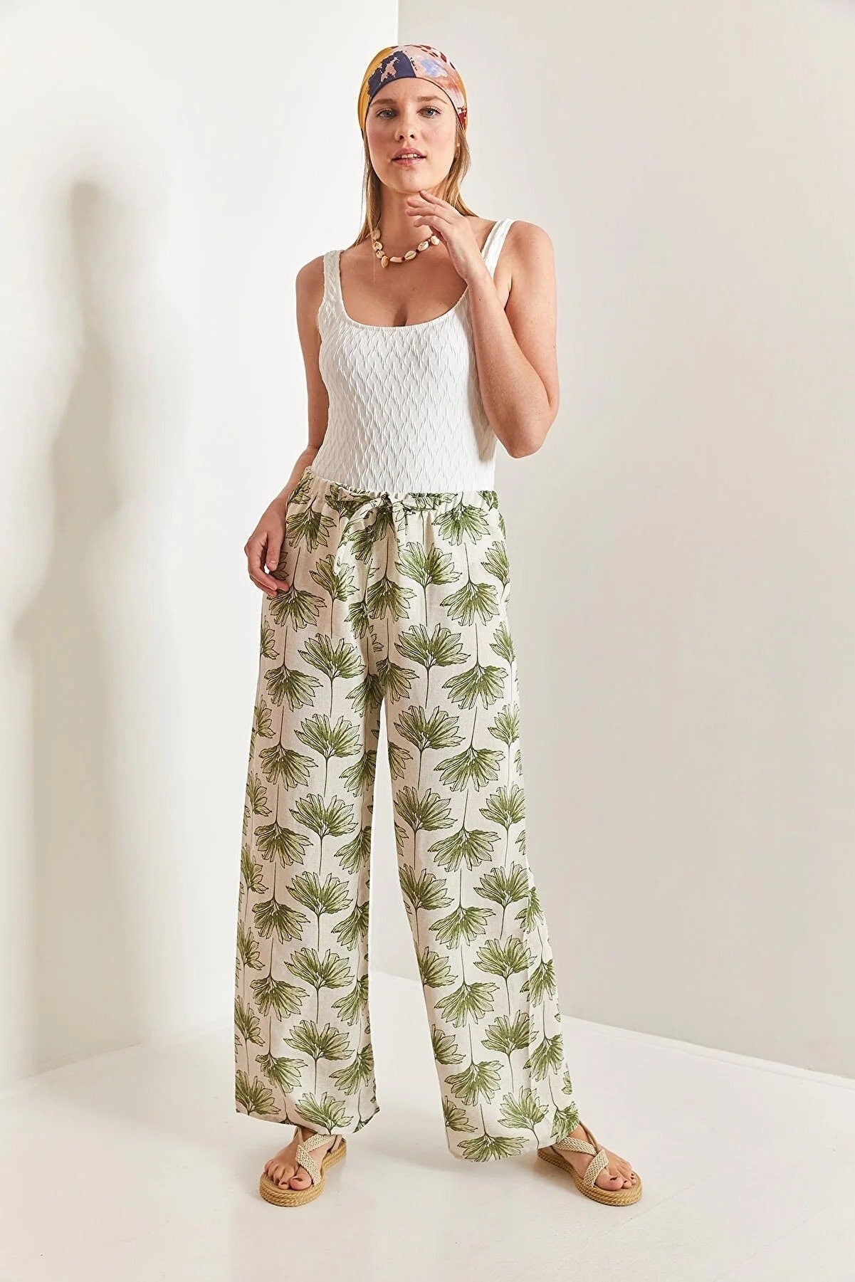 Green Gingko Print Wide Leg Linen Pants