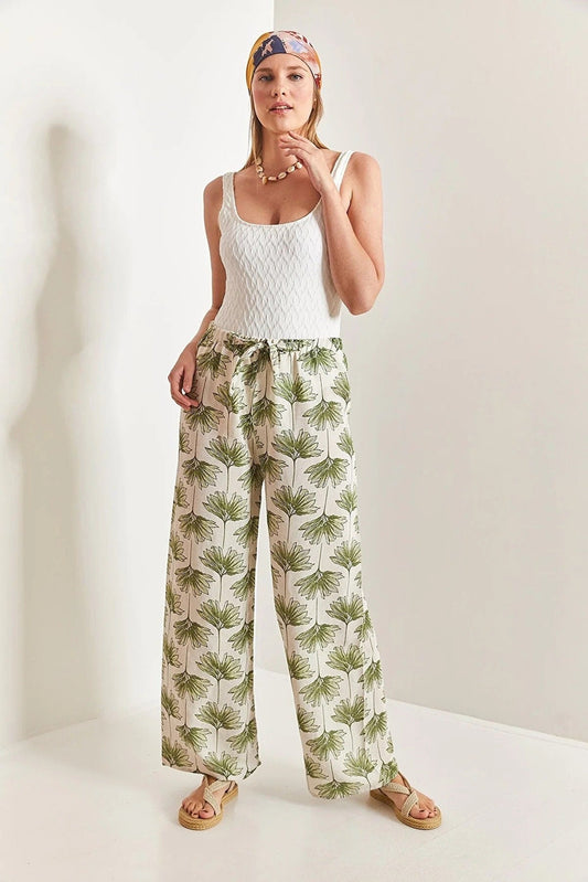 Green Gingko Print Wide Leg Linen Pants