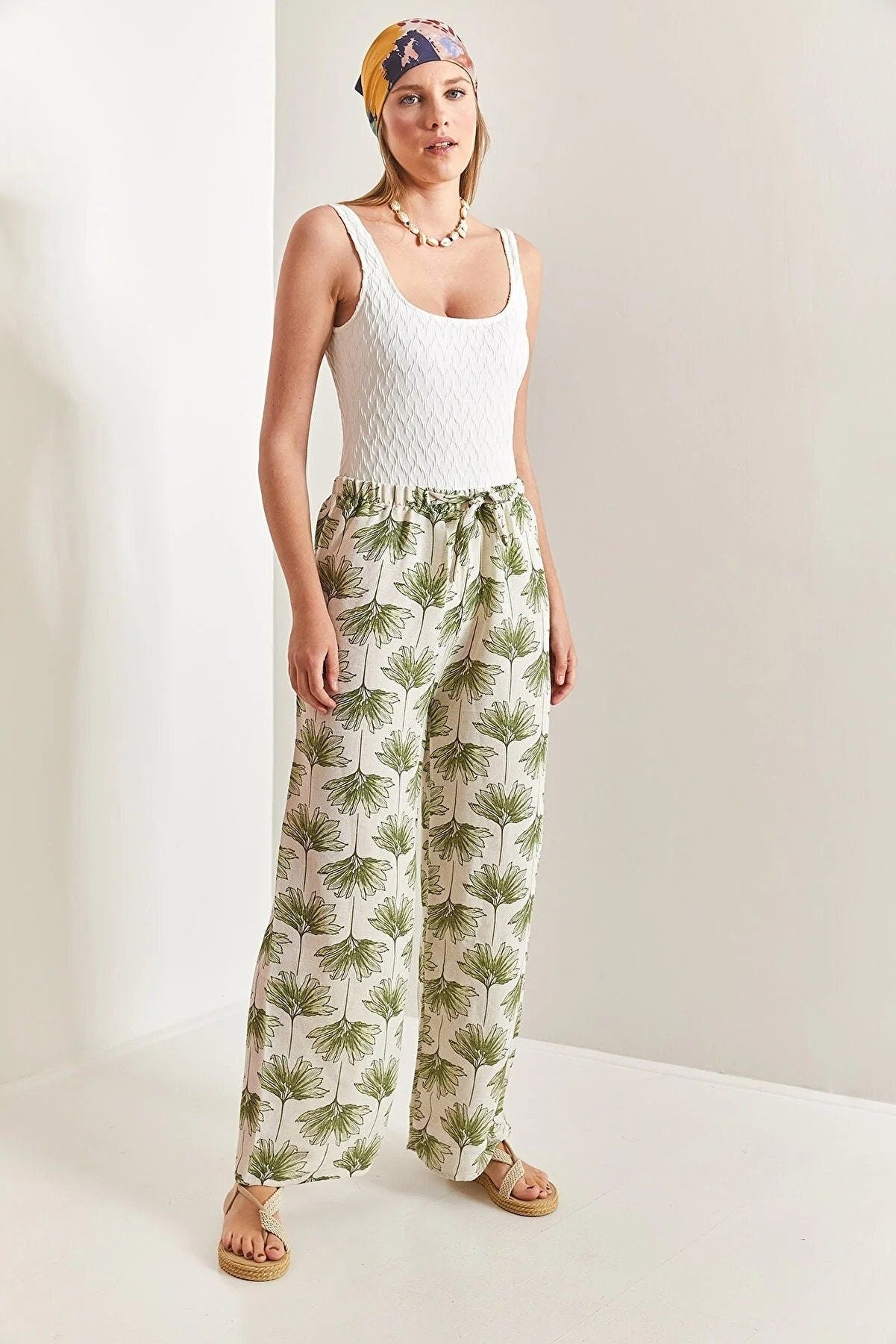 Green Gingko Print Wide Leg Linen Pants