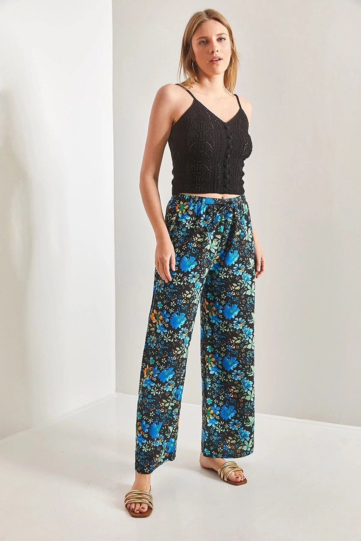 Blue Floral Wide Leg Linen Pants