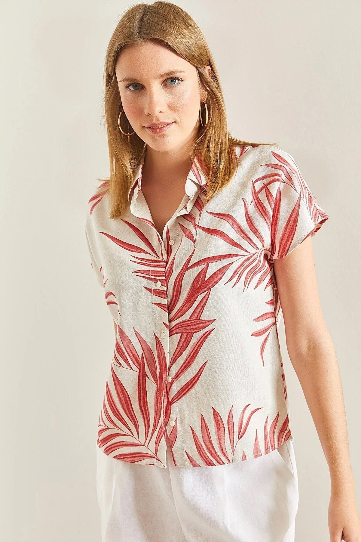 Red Leaves Print Short Sleeve Button Down Shirt