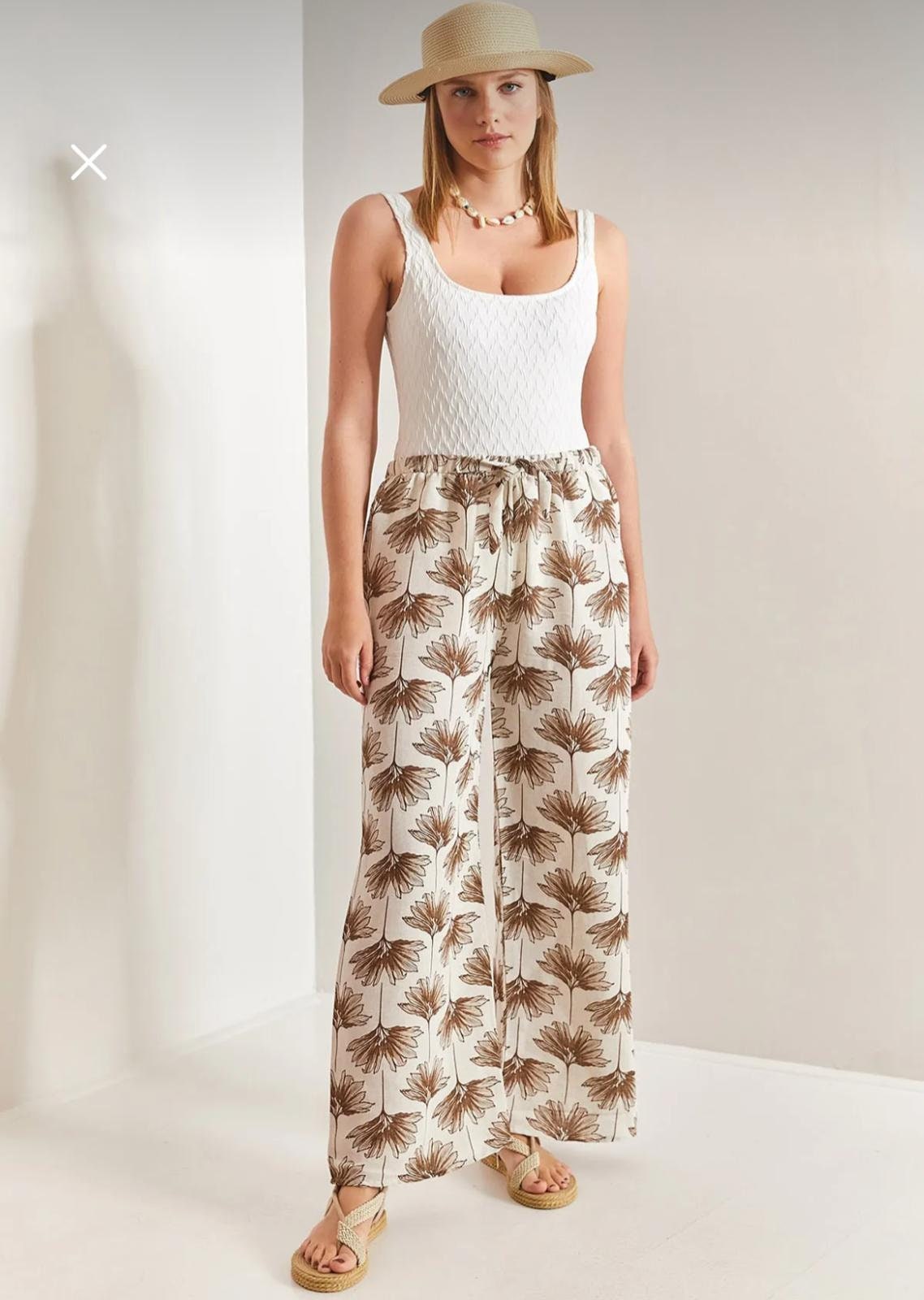 Brown Gingko Print Wide Leg Linen Pants