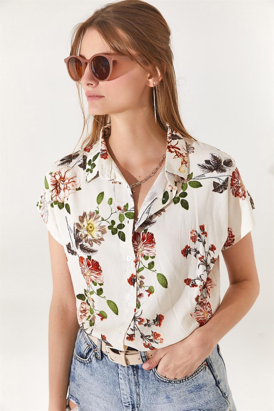 Red Floral Ecru Button Down Shirt