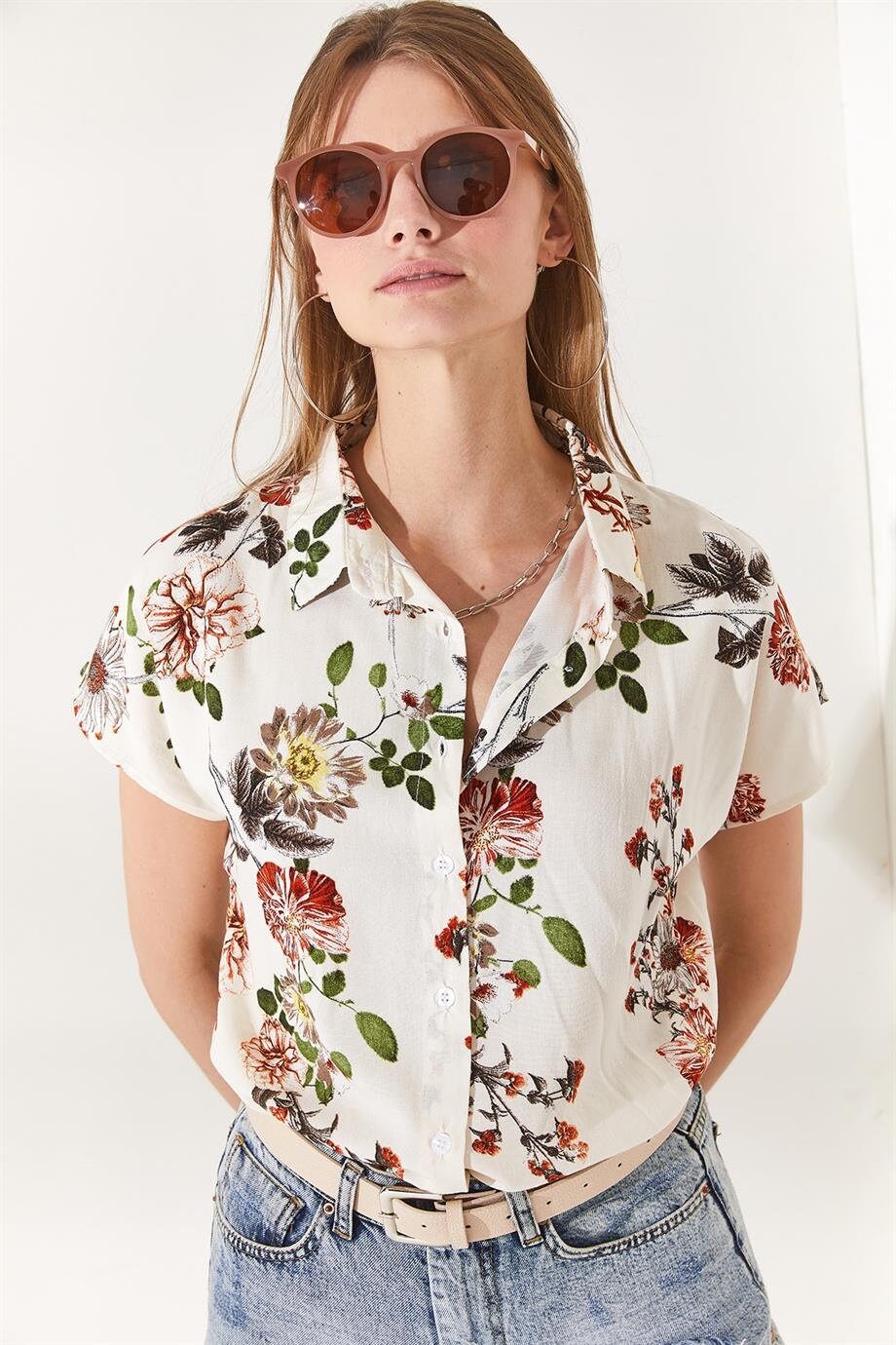 Red Floral Ecru Button Down Shirt