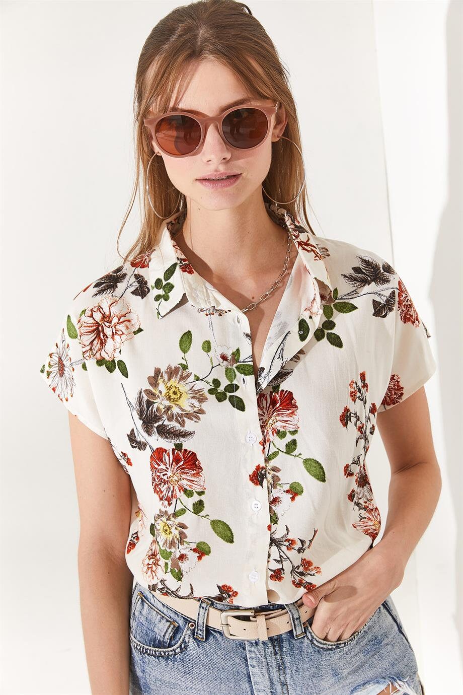 Red Floral Ecru Button Down Shirt
