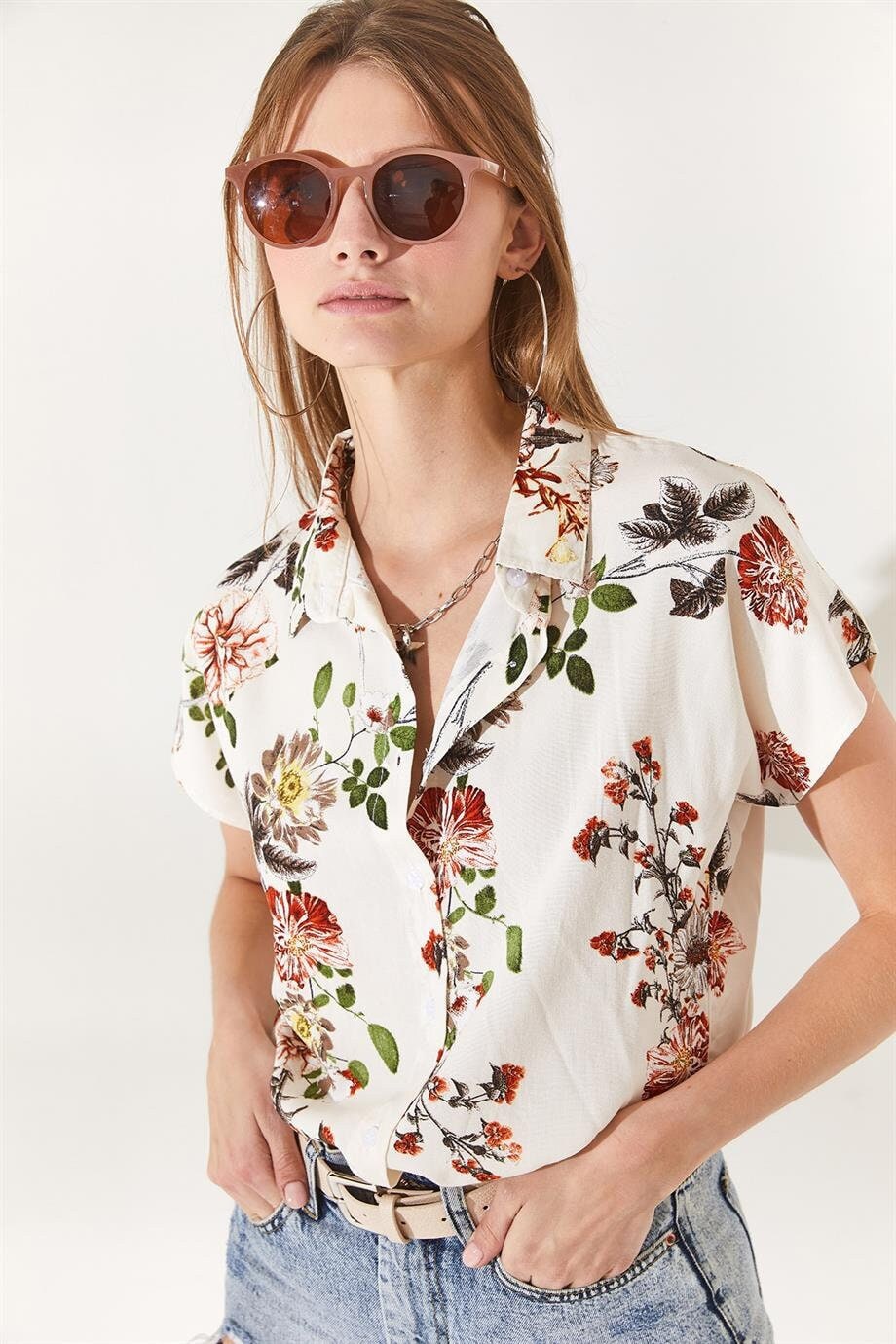 Red Floral Ecru Button Down Shirt