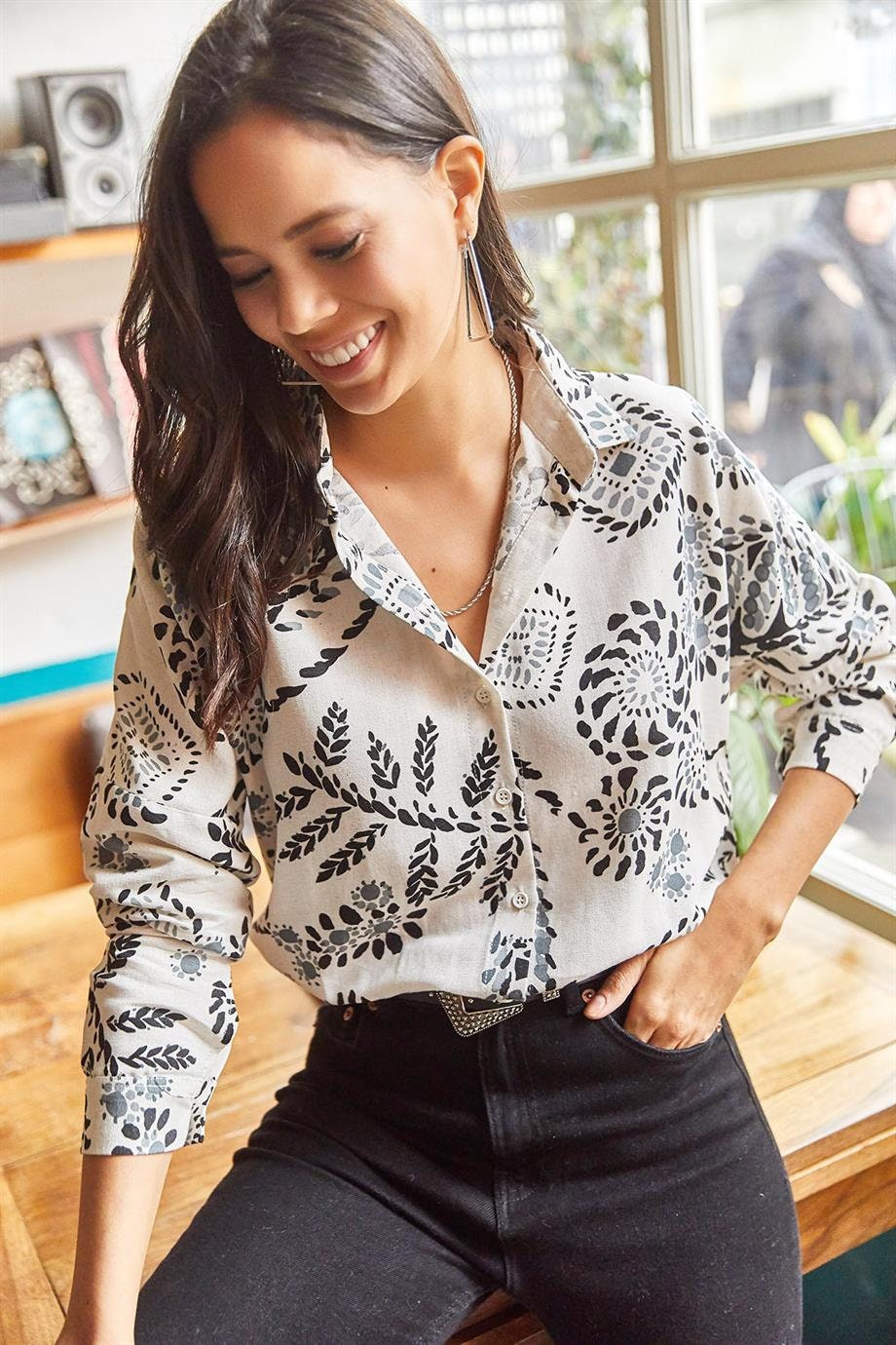 Lola Black Floral Print Linen Blend Button Down Blouse