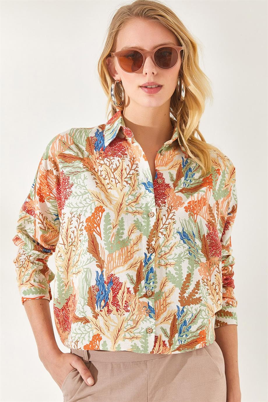 Soft Orange Leaf Print Linen Blouse