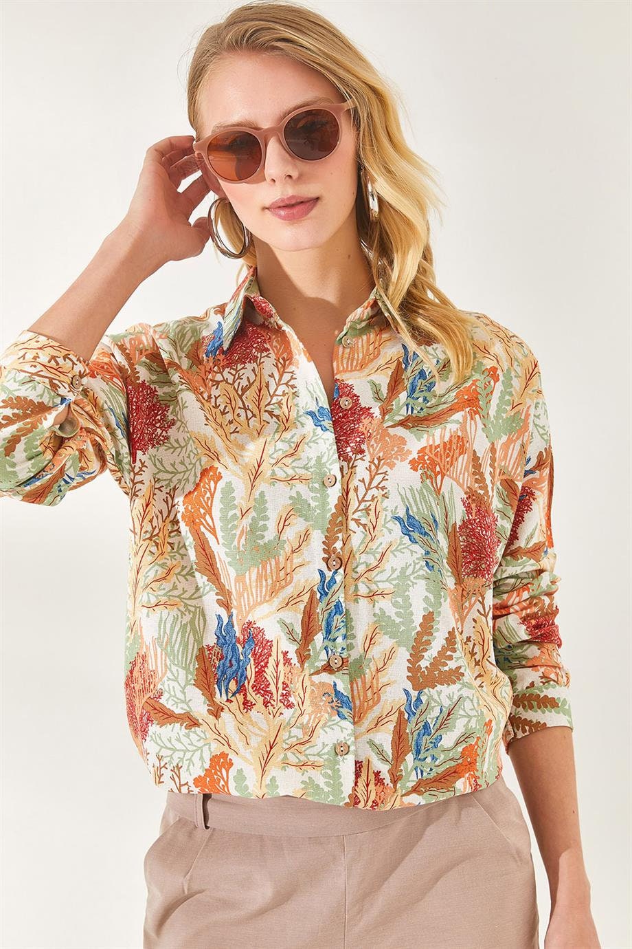 Soft Orange Leaf Print Linen Blouse
