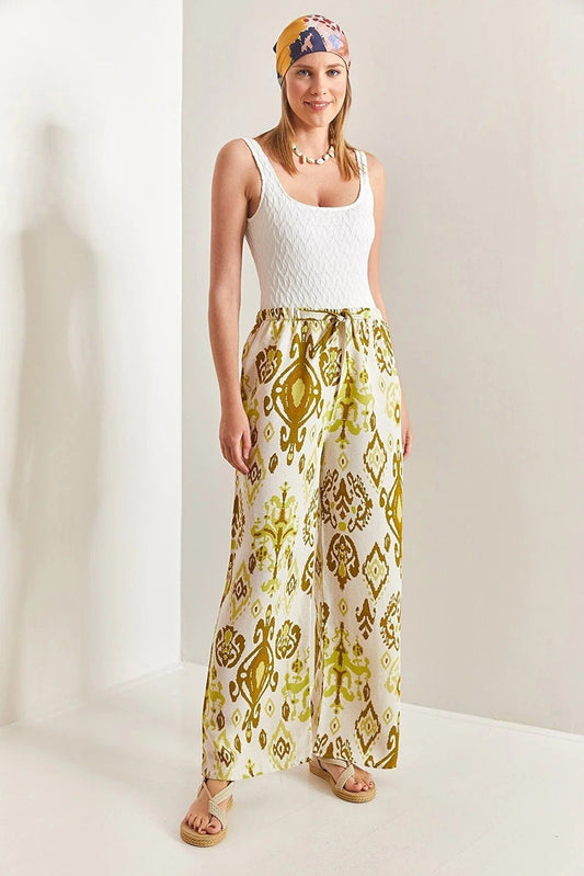 Gold Ethnic Design Wide Leg Linen Pants