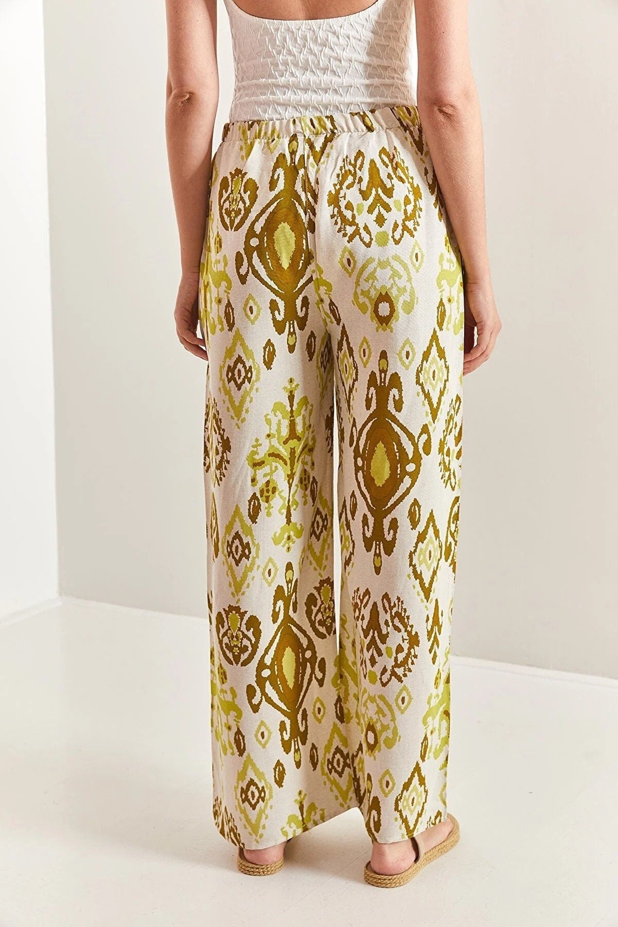 Gold Ethnic Design Wide Leg Linen Pants