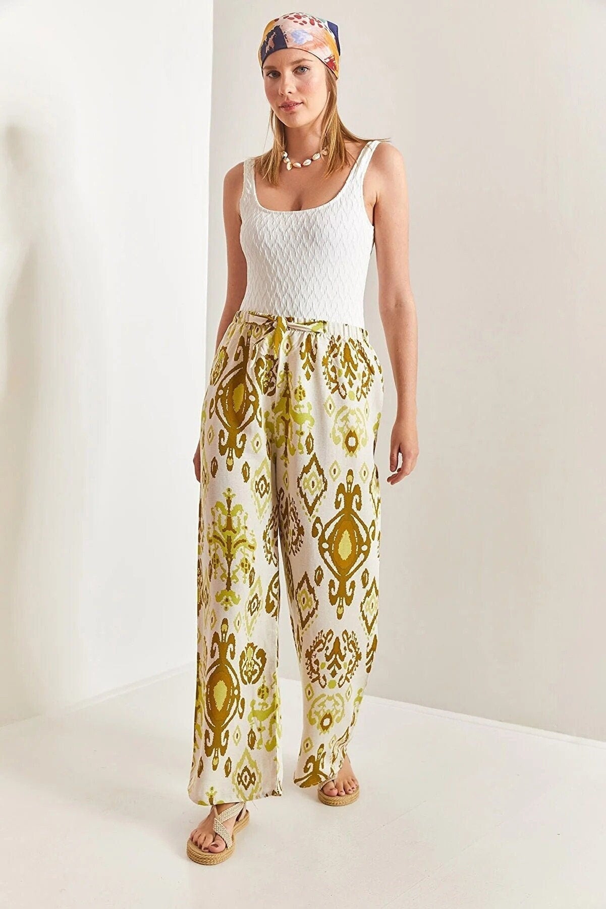 Gold Ethnic Design Wide Leg Linen Pants