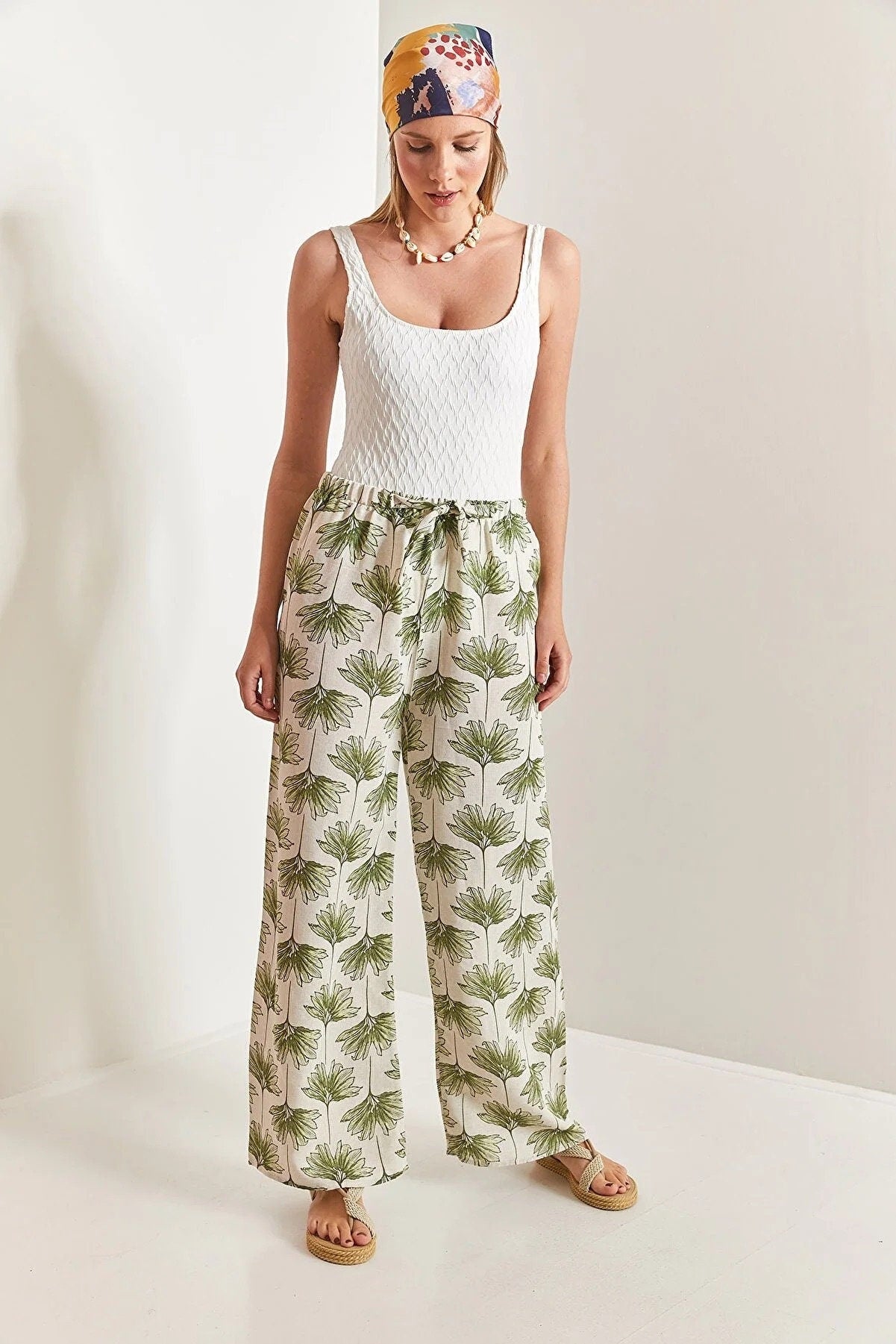 Green Gingko Print Wide Leg Linen Pants