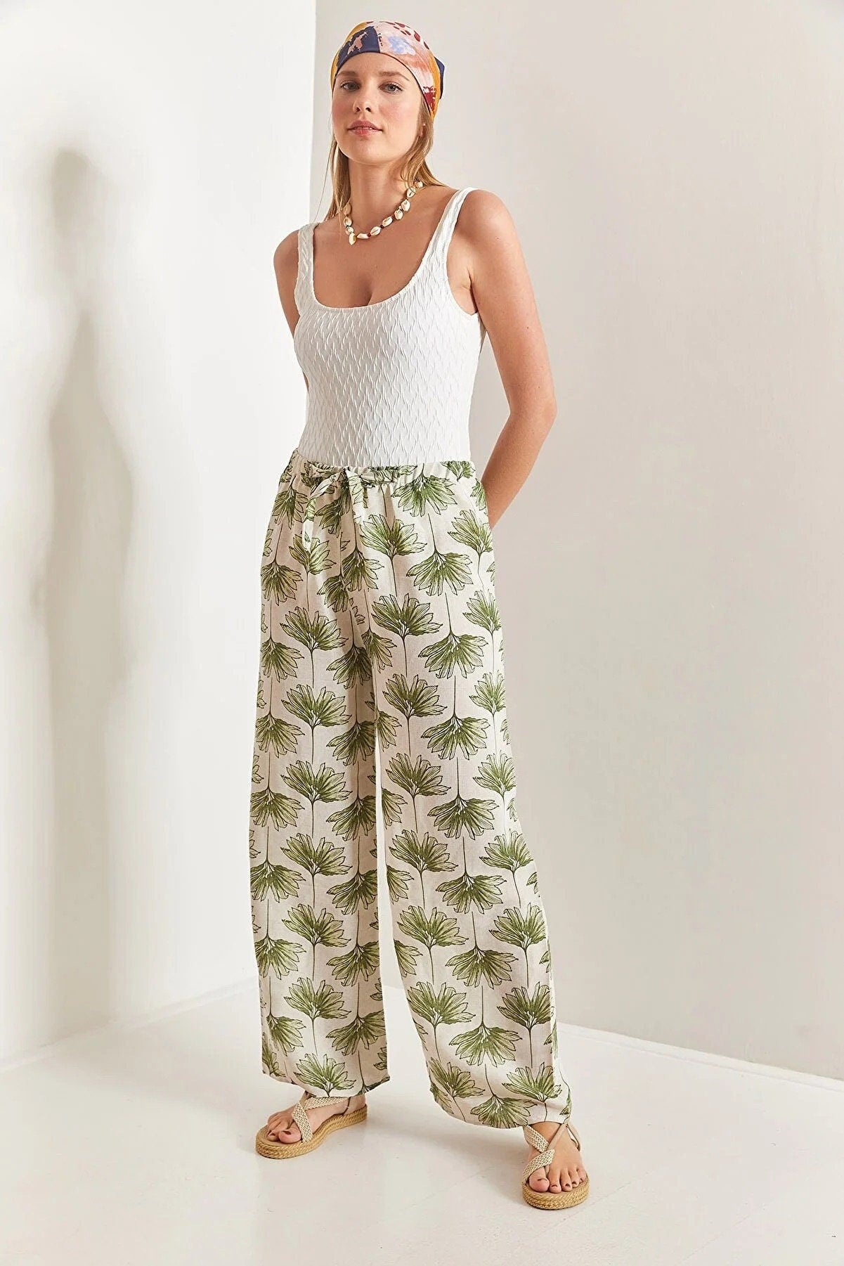 Green Gingko Print Wide Leg Linen Pants