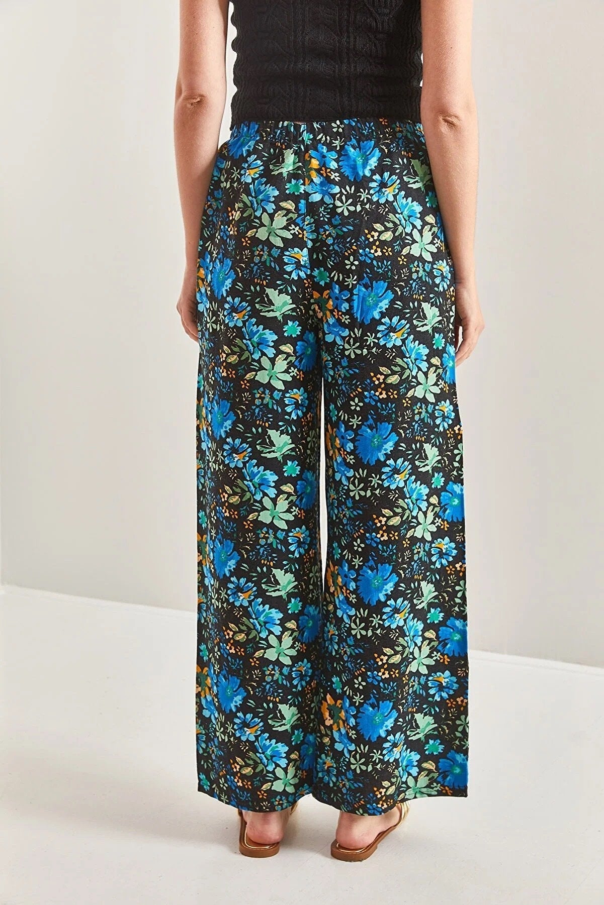 Blue Floral Wide Leg Linen Pants