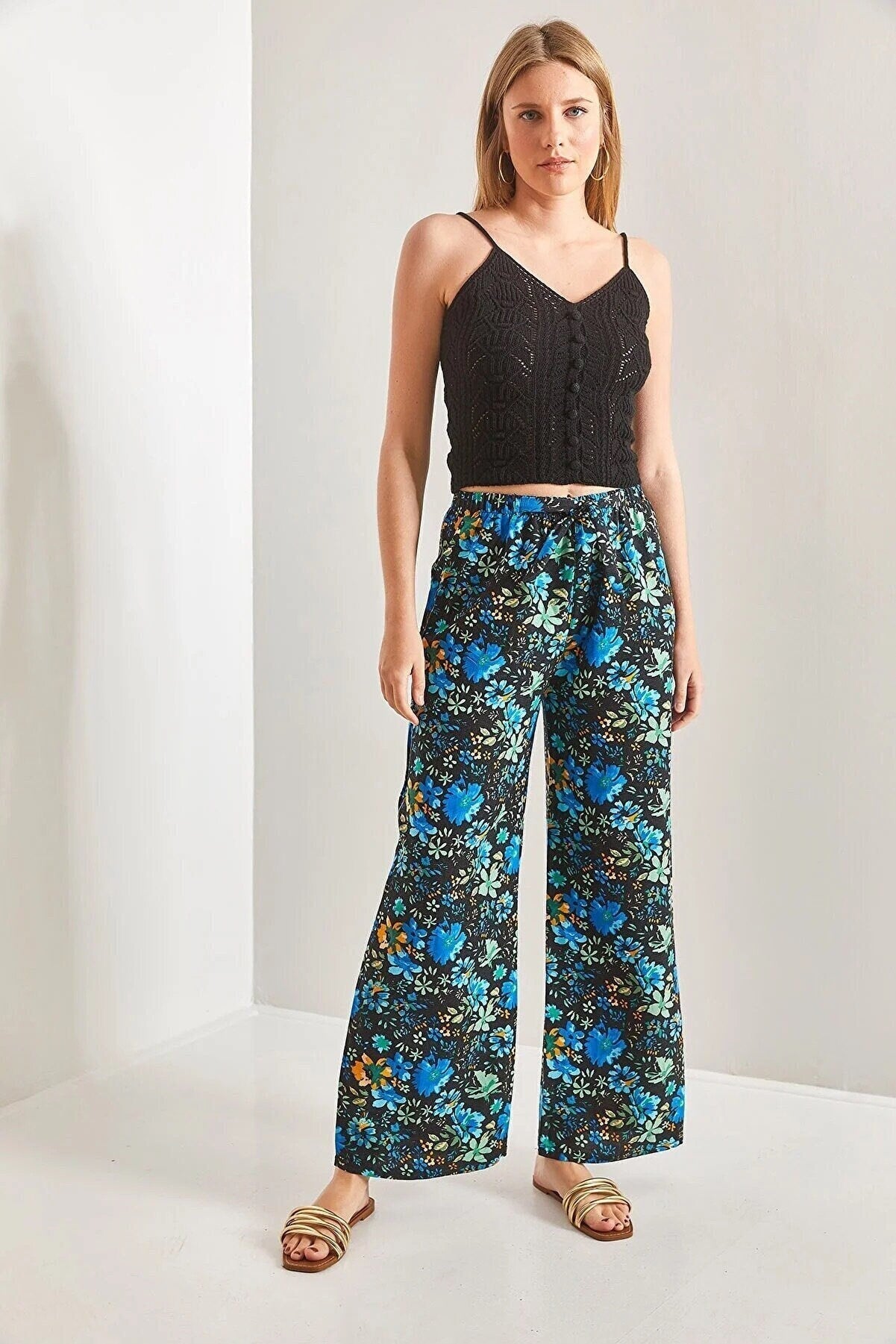 Blue Floral Wide Leg Linen Pants
