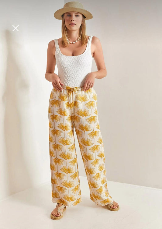 Yellow Gingko Print Wide Leg Linen Pants