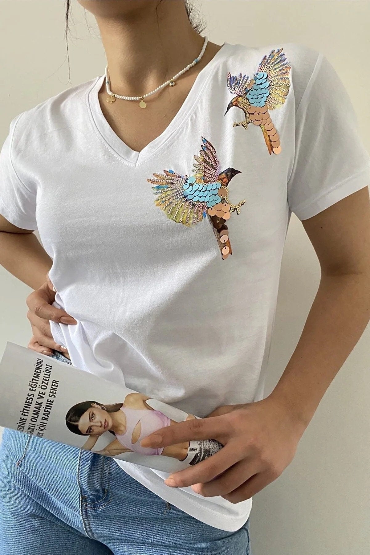 Katoenen T-shirt met korte mouwen en geborduurde vogel - Wit