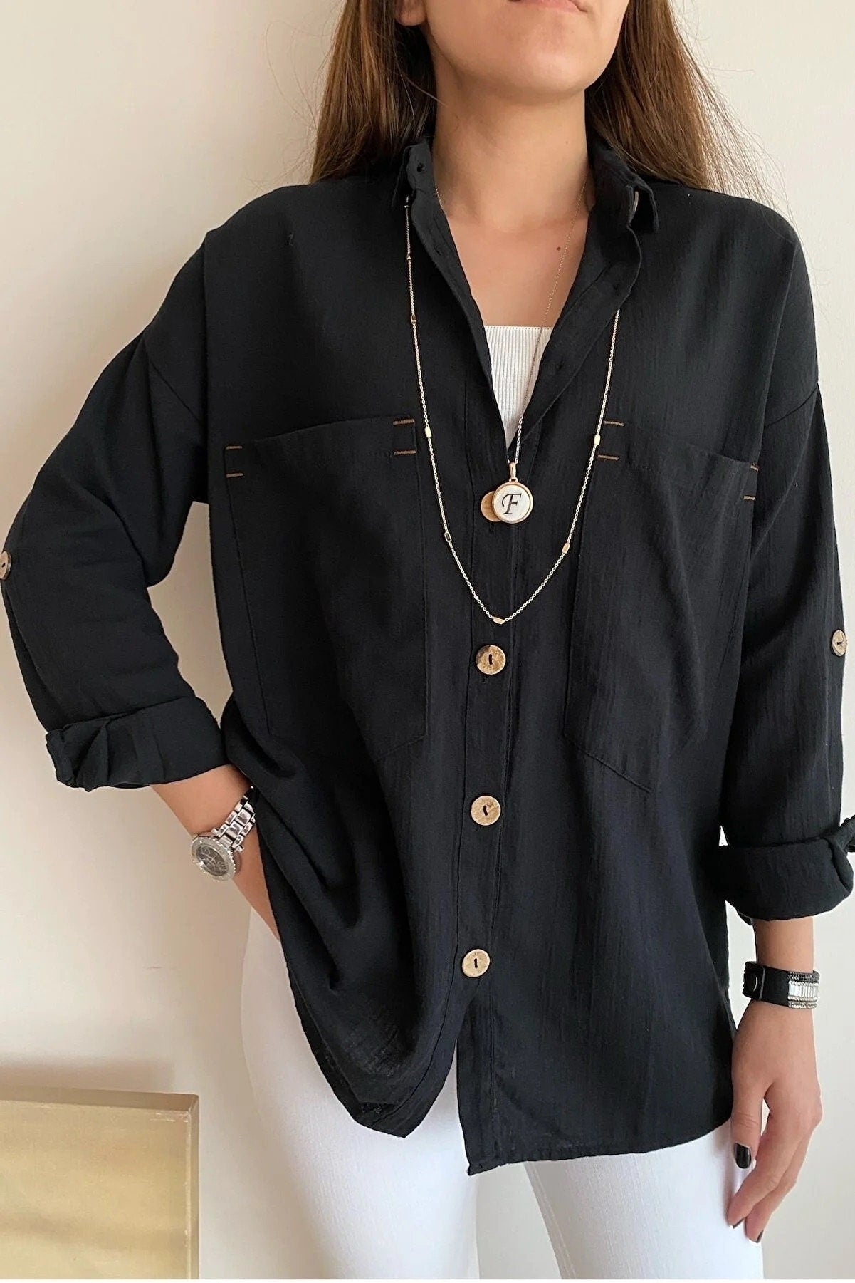 Blouse met lange mouwen van katoen-linnenmix